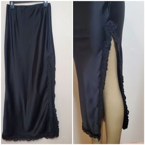 Black Satin Slip Maxi Skirt Crochet Trim Side Slit XXS